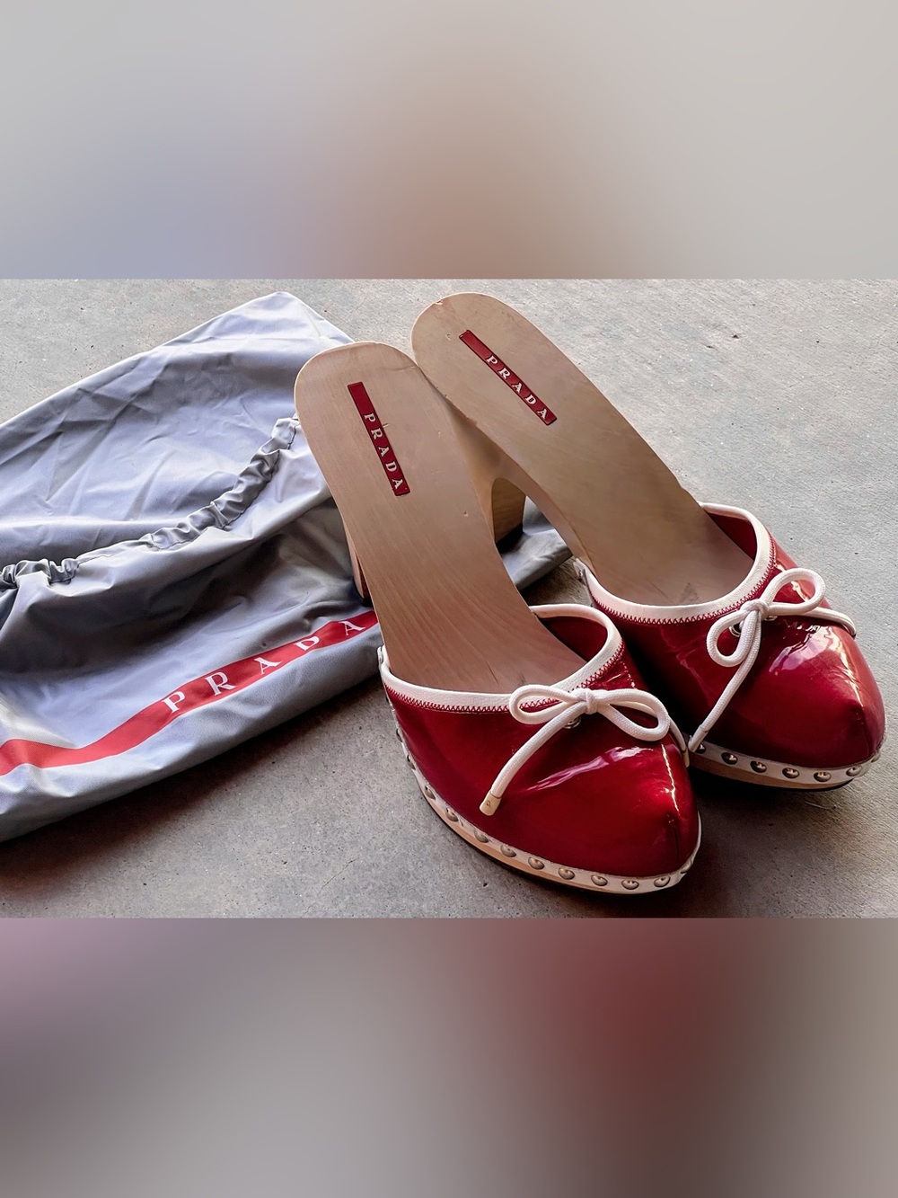 Prada Y2K Vintage Red Patent Leather Bow Studded Wood Platform Mule Clogs EU 39